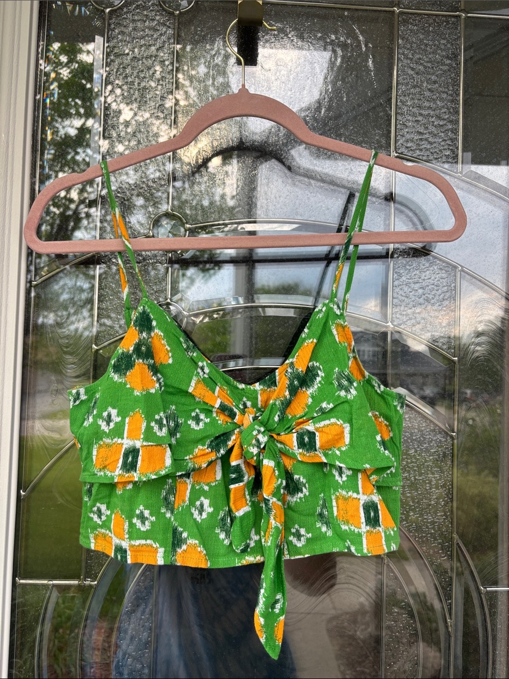 aerie Green Tie-Front Patterned Camisole with Orange Accents